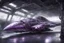 Placeholder: Large space ship, futuristic, long,in space, hangar bays, translucent purple engine plumes hyperrealistic