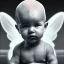 Placeholder: bw,a human baby artist called tobias leander with no hair,halo, wings, drinking, sitting in chair, photo realistic spray painting, book cover illustration