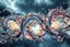 Placeholder: Dynamic complex hypnotic fractal 3D structures horizontal Symmetry twisting and morphing between organic and geometric forms , smooth translucent iridescent glass with inner glow and bubbles, varied transparent materials, stormy skies, intense dramatic