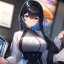 Placeholder: Clear focus, High resolution, girl wearing a TV outfit, long fluffy black hair, blue eyes,