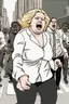 Placeholder: an obese terrified blonde white woman crying and sobbing in a pant suit desperately running away from an angry mob of thousands of all black people chase her down a city street