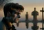 Placeholder: younger lifelike Treat Williams (as Berger from movie Hair) looking towards us in the cemetery, reflection, sunrise, Misty morning