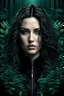 Placeholder: Zippered digital art in the matrix with strange dark colors plants, shadows and thin black sharp lines with shadows and dark spots. The zippered edge of the photo is down and the background is a young woman's pale face and long, big hair. high detailed, cinematic, thriller mood, dark weird art style