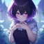 Placeholder: Clear focus, High resolution, A anime kid, cute, rough line skecth, hard shading, stars around 1girl, short dark cyan hair, fluffy short fluffy cut, purple eyes, hair covering both eyes, detailed hair lots of hair