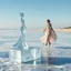 Placeholder: A cinematic miracle scene. An artistic ice sculpture of a woman wearing an elegant, flowing gown stands on an ice block in a frozen sea. The clear ice begins to melt, and in a magical transformation, she turns into a real woman wearing a beautiful high-fashion dress. She joyfully walks across the ice toward a sunlit beach. Focus on the ethereal and artistic quality of the transformation.