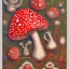 Placeholder: Red large Amanita muscaria mushrooms in a silver basket , Patchwork art,high detailed,dynamic colors,intricate.