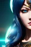 Placeholder: Cyborg anime warrior, waist up portrait, 8k resolution, intricate details, ornate details, soft lighting, vibrant colors, retroanime, masterpiece, intricate eyeliner, dark eyeshadow, eyes, wild blue hair, intricate tattoos, jungle background,