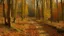 Placeholder: A dirt path winding through a dense, autumnal forest, the ground covered in fallen leaves and branches, the trees bare, with warm hues of orange and yellow, and in the distance, a small body of water reflecting the surrounding foliage