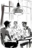 Placeholder: sketch style,, four guys having lunch at a vertical table, looking excited at the camera, lamp in the middle, painting on the right wall, two windows in the background, cozy lunch room, each person does something else,