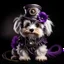 Placeholder: full body, Steampunk fluffy cute puppy, flower, purple black white, High resolution, top quality, sharp focus, 8k