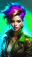 Placeholder: A supermodel with colorful hair, deep green eyes, mulberry lips, in half opened short brown leather jacket , studio lighting, highly detailed, art by Greg Rutkowski, WLOP, Wadim Kashin, James Gurney, Salvador Dali, Alphonse Mucha, Michelangelo, Russ Mills, Luis Royo, Alberto Seveso and Jeremy Mann