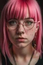 Placeholder: girl with pinkhair in a fringe with glasses and a septum piercing and a giant forehead