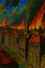 Placeholder: A close-up view of a burning city and destroyed buildings in the colors of Van Gogh's paintings