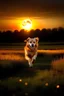 Placeholder: Golden retriver corriendo de lejos en una pradera con el atardecer de fondo y q salga la luna