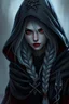 Placeholder: Female woman dark elf sorcerer sorceress sorceress white hair, gray skin, red eyes, drow, dungeons and dragons, shadow hooded mean evil mad braid