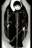Placeholder: 7 year old boy, necromancer, friendly, looks dead,with a lamprey serpent , wearing black robes, in the style of Harry Clarke