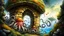 Placeholder: Mushrooms with octopus tentacles covering a crumbling stone wall and an arch behind, Roger Dean-style