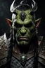 Placeholder: portrait of an orc king.braided hair and unique eyes. grimacing. Half of his head is shaved. wearing ornaments. Carrying a battleaxe. High resolution. 4K. 8K. Dark Fantasy style.