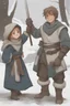 Placeholder: DnD style, two medieval peasant kids playing in the snow male and female, age 14 and 15, happy and playful, he has a short sword.