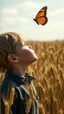 Placeholder: Extremely realistic photo of young boy ,looking up at a colourful Butterfly, standing among big fields of barley in sunny day, (Rembrandt Lighting), zeiss lens, ultra realistic, (high detailed skin:1.2), 8k uhd, dslr, Dramatic Rim light, high quality, Fujifilm XT3, artwork in pale distressed tones , minimalistic approach, blends old world aesthetics art with elements of distressed painting and illustration, shadow play, high conceptuality, palette inspired by Charlene Mc Nally, Carne