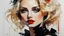 Placeholder: Blonde Pale Thin well endowed Scandinavian Woman 24yo, Big Eyes, red lipstick, Long Eyelashes And Eye Shadow smiling, wearing a black dress, femme fatale :: by Robert McGinnis + Jeremy Mann + Carne Griffiths + Leonid Afremov, black canvas, clear outlining, detailed