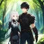 Placeholder: Girl with white hair. Boy with black hair wearing leather armor. Forest path