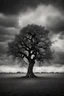 Placeholder: conceptual photo, art photo, illusion, fine art, death, dark cloudy sky, surrealism, black and white, single tree, chestnut tree, distant view