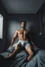 Placeholder: "Ultra realistic full body shot a handsome male underwear model in bed concept, looking at the camera,full legs, cyberpunk, neo-figurative,concept ,full length view, face , full size, science, technology,future,electric ,futuristic style, design, practicality,manufacturability,performance, HOF, professional photographer, captured with professional DSLR camera, trending on Artstation, 64k, full size, ultra detailed, ultra accurate detailed, bokeh lighting, surrealism, backgr