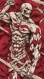 Placeholder: Create a captivating pattern inspired by the anime first Titan in Attack on Titan. The design should embody the essence of the inaugural Titan, capturing its colossal power and fearsome presence. Consider the intricate details of its transformation, incorporating the emotional undertones and brutal strength that define the Titan. Whether through stark lines or flowing curves red colors