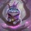 Placeholder: cheshire cat in a tree, leaning on a branch, wide grin, glowing eyes, pink and purple, alice in wonderland, signpost pointing in different directions