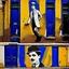 Placeholder: Candid photographs of the acter Charlie Chaplin on a wall in an alley of an ancient town, in a combined art style of generative art, calligraphic lines, rust debris, peeling yellow and blue paint, black and white portraits, distorted figures.