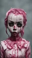 Placeholder: full color, illustration of a darkred and pink tones, menacing, Singer Melanie Martinez face, as a decayed, broken, skin turned translucent, black veins that extended like roots beneath her skin, latex suit, crude homemade cloth doll toy, with a narrow cracked porcelain face, thick dark eyebrows, hair in two gradually, made from ragged strips of cloth, in the style of Alex Pardee, Tim Burton, and Nadya Sheremet