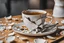 Placeholder: A shattered ceramic handle that is broken from a teacup, the handle is broken and in pieces on the table