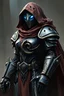 Placeholder: Female Warforged robotic fighter, with blue glowing eyes, cloak, wearing iron armour, medieval style, dungeons and dragons, full body