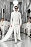 Placeholder: A guy on a winter fashion runway with moderna clothes inspired by Superman style, embroidery elegante fashion white tones