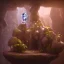 Placeholder: transparent crystal, on an altar in a foggy cave, cinematic,