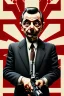 Placeholder: mr bean as the mafia godfather, holding tommygun, 4k, trending art, weird perspective, realism, spray paint, detailed