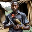 Placeholder: a black man holding a chicken in a village setup real image