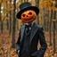 Placeholder: Pumpkin king in 1920s suit in an autumn forest spooky