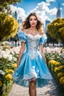 Placeholder: fullbody girl makeup wearing a victorian short dress walking in moder city of 2040 park ,flowers ,pretty clouds in blue sky,city escape.