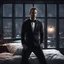 Placeholder: Hyper Realistic Muscular Ryan Reynolds looking handsome in a black tuxedo dressing in a dark-cozy-bedroom with huge-windows at dark-snowfall-night