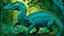 Placeholder: A majestic, glowing Komodo dragon, inspired by the intricate patterns of Indonesian batik, stands victoriously in a lush, misty Jurassic forest, surrounded by ancient tree trunks and twisting vines. The atmosphere is warm and humid, with a sense of primal power emanating from the dragon's majestic stance. Incorporating iridescent blues and emerald greens to evoke a sense of mysticism and wonder. Art style: Inspired by the vibrant colours and organic patterns of batik art, with hints of mystical