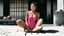 Placeholder: [photo by helmut newton] A surprised Nomadic samurai woman, 24-years-old wearing a pink one-piece swimsuit , poised on hands and knees, there lay pull-up diapers, innocently waiting to serve her purpose. a flicker of curiosity dancing in her eyes. With a sly smile, she reached out to touch the soft, pliable material, her room in the background, vintage 1980's photo