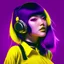 Placeholder: black purple hair korean girl neon light yellow background detailed full body atmospheric matte makeup highly saturated colors sharp focus retro design young age middle length hair dark tones nosering earring headphones smile