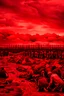 Placeholder: Prisoners line up in hell , red clouds in the sky with huge amount of dead people laying on the ground