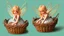 Placeholder: Fantasy style illustration: small, cheerful fairy with golden hair, sitting in a small basket. The basket is an earring on the ear of a big giant.