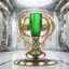 Placeholder: a futuristic electronic cup with a golden handle on a hydraulic cylinder, with a green drink inside, on four golden round legs with white silver dragon-shaped frame ribs, in a futuristic white enclosed room where electronic displays, 3d, steampunk hang on the walls without windows.