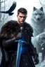 Placeholder: super realistic, young man, viking warrior, short dark brown hair, dark blue eyes, tall, leather and cloth clothing, fur cloak, with a sword with blue shadow aura, show whole body, show full body including legs, background is a snowy forest, one raven flying in the background, a fierce gray wolf in the background