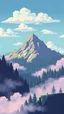 Placeholder: A parallax pixel art background for a vertical 2D platformer game with clouds and a forested mountain in the background, light colors, clouds on a different layer