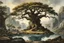 Placeholder: museum quality oil with watercolor underpainting of Yggdrasil, the world tree towering over a circle of ancient Druidic standing stones, elevated camera view , in the style of Karl Bodmer, and Winslow Homer, rendered as an aquatint, with a fine art aesthetic, highly detailed , 8k UHD cinegraphic realism, dramatic natural lighting,